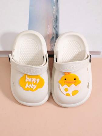 1 Pair Yellow Duck Decorated Soft Bottom Non-Slip PVC Unisex Children Slip-On Sandals, Hollow Breathable, Suitable For Summer Beach, Toddler To Big Kids Sizes