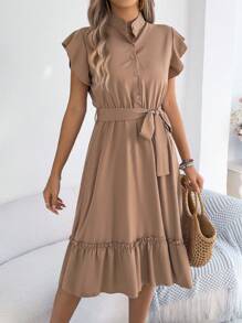 Damen Lässig einfarbiges Kleid mit Stehkragen und Rüschensaum, knielang, Frühling/Sommer - Khaki - Übersicht 3