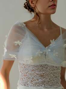 1pc White Floral Short Bridal Shawl With Light Blue Tie, Elegant Wedding Dress Accessory Suitable For Wedding Ceremony And Parties