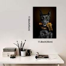 Framed Vintage Chic Dog With Golden Gun Canvas Art Print - Unique Wall Decor With Stylish Illustration For Living Room, Bedroom, Home Office - Contemporary & Retro Style Poster, Ready To Hang Room Decoration Creative Home Decoration, High Quality Decorative Posters, Dormitory, Gym, Bar, Cafe, Arcade, Room Living Room Wall Decoration Painting, Perfect Gift, Spring Limited