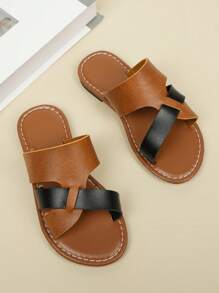 儿童时尚露趾平底一脚蹬凉鞋，可爱防滑沙滩和浴室拖鞋