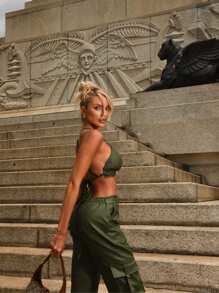 Cargo Pants And Leather Top Set (0038) - màu xanh lá - Xem 2