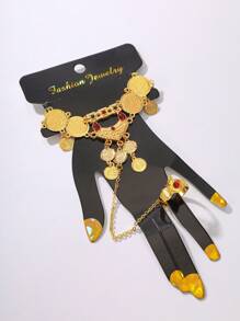 1pc Retro Geometric & Coin Rhinestone Decor Finger Ring Bracelet, Suitable For Women, Party, Wedding