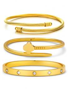 优雅时尚幸运光滑四叶草不锈钢女士手链套装，可分层佩戴或作为礼物 - 金黃色 - 查看 8