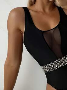 Women's Patchwork Ribbon & Mesh One-Piece Swimsuit, Casual Style - Black - View 3