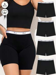 4 Pack Black Cotton High Waist Long-Leg Boyshorts Women's Briefs - 黑色 - 查看 1