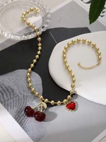 1 件 Y2k 创意复古时尚优雅铜树脂油滴樱桃爱心形吊坠项链马斯红女士姐妹情侣珠宝礼物，适合约会送礼派对节日通勤旅行度假佩戴红色珠宝 - 項鍊 - 查看 6