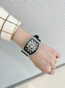 Hochwertige Diamanten Herrenuhr, im Retro-Stil mit großem Zifferblatt, Kalender, tonnnenförmigem Gehäuse und Lederarmband, Business Armbanduhr