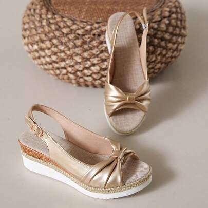 女士夏季新款时尚户外沙滩度假风坡跟凉鞋，露趾百搭连衣裙凉鞋，撞色绑带厚底高跟派对凉鞋