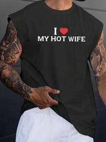 Plus Size Men's Casual Slogan Print Loose Round Neck Tank Top