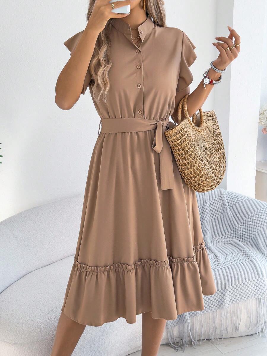 Damen Lässig einfarbiges Kleid mit Stehkragen und Rüschensaum, knielang, Frühling/Sommer - Khaki - Übersicht 1
