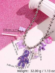 新款银色不锈钢串珠项链，亮紫色系列泰迪熊多吊坠项链，包含棒棒糖、蝴蝶、漂浮瓶、气球、小狗、爱心等元素，适合女性夏季假期生日礼物，Y2K可爱派对DIY创意时尚配饰 - 彩色 - 查看 5