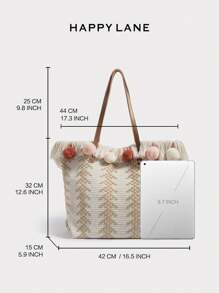 HAPPY LANE 春季流苏和绒球草编沙滩手提包，时尚单肩包适合女性日常使用、通勤、购物、旅行、派对、送给女朋友的礼物、情人节