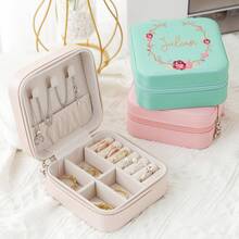 1pc Customizable Name Leather Jewelry Box,Mother's Day Gift, Personalized Birthday Flower Design, Versatile Storage Case For Bridesmaid Gift, Birthday, Valentine'S Day Present, Classic Style, Rectangular, Snap Closure, Plastic Interior, No Power Required, Jewelry Boxes