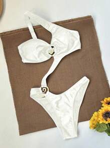 新款夏季女士时尚休闲性感白色镂空单肩沙滩度假派对连体泳衣 - 白色 - 查看 4