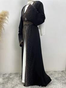 Luxury Diamond Abaya With Belt Dubai Kaftan Robe For Women,Modest - Black - View 8
