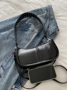 1pc Fashionable Vintage Rectangular Handbag, Ladies' Rivet Decor Underarm Bag, Classic Zipper Shoulder Bag - Black - View 5