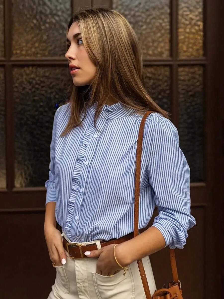 Camisa casual de cuello azul y blanco a rayas para mujer, apta para uso diario - Celeste - Ver 1