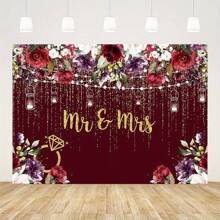 1 pieza Bandera elegante de boda de Señor y Señora con diseño de anillo de rosa y rhinestone, fondo de castaño vintage, de poliéster para decoración de boda y eventos románticos en interiores y exteriores, estilo rústico de boda, decoración de cumpleaños y fiestas