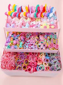 890pcs/Set Kids Pink Heart & Bowknot Elastic Hairbands, Hair Clips, Scrunchies, Princess Hair Accessories, Daily Use & Gift