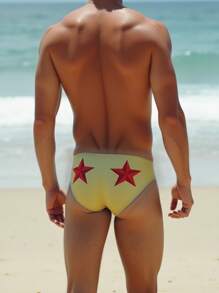 Fashionable Men's Sexy Swimwear Briefs, Suitable For Summer Beach And Swimming Pool, Men's Quick Dry Yellow Bottom Red Star Print Swim Trunks, Swimming Shorts, Men's Star Print Bulge Triangle - Yellow - View 2