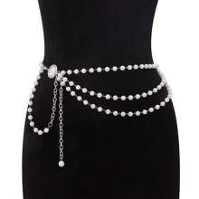 Chaîne de perles rétro élégante avec pendentif circulaire petit. Chaîne de perles superposée en trois couches avec volant latéral. Chaîne de taille/chaîne de corps pour femmes