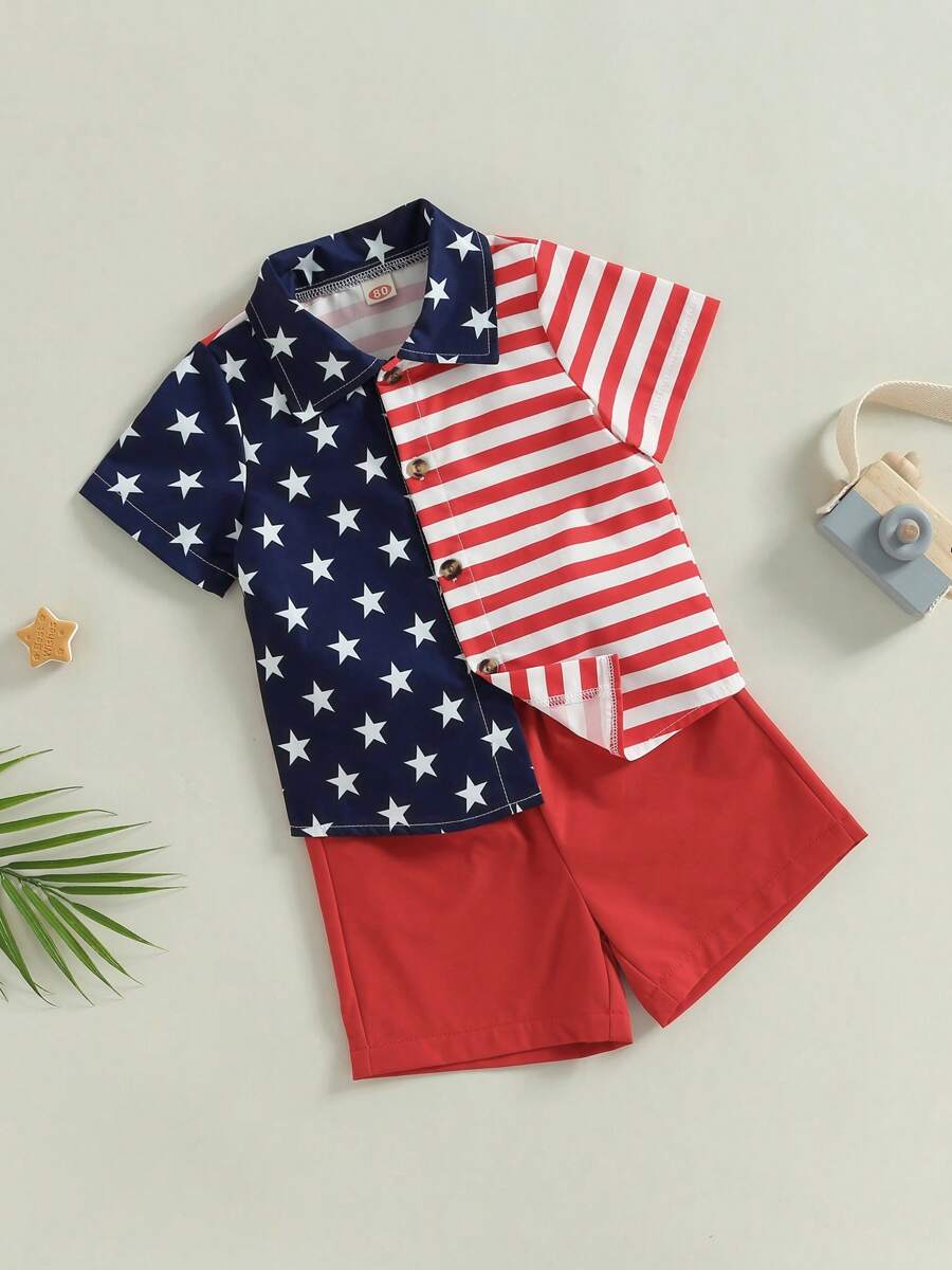 Conjunto casual de 2 piezas para niños y bebés de 0 a 6 años, con camisa de manga corta con estampado de estrellas y rayas + pantalones cortos para el 4 de julio, Día de la Independencia - Rojo - Ver 1