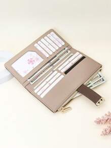 女士长款撞色拼布钱包，时尚迷你柔软 PU 纹理多功能卡包，时尚年轻学生大容量拉链零钱包，轻巧方便送礼 - 杏色 - 查看 9