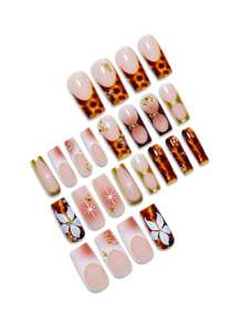 1 盒 24 片棕色 3D 条纹花朵和星星镶嵌法式棺材假指甲，优雅设计，适合所有女孩和女士，配有指甲锉按压指甲美甲用品 - 鏽棕色 - 查看 3