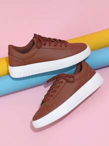 Brown Lace-Up Low-Top Flat Walking Shoes For Women, Comfortable Travel Casual Sneakers, School/Campus Style Suitable For Holidays, Parties, Gatherings, Commuting, Gift - Brown - View 3