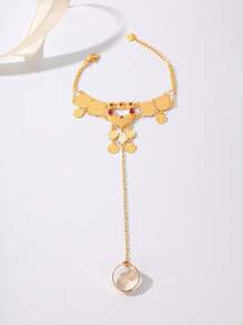 1pc Retro Geometric & Coin Rhinestone Decor Finger Ring Bracelet, Suitable For Women, Party, Wedding