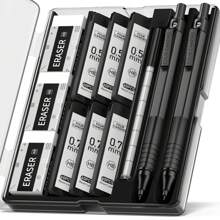 Four Candies 2PCS Metal Mechanical Pencils Set With Case, 0.5mm & 0.7 Mm Artist Pencil With 6 Tubes (360PCS) HB Lead Refills, 3 Erasers,9 Eraser Refills For Writing Drafting, Drawing, Black