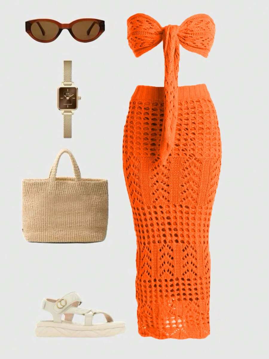 Korean Style Christmas Casual Boho Holiday Party Vintage Clothes Women Old Money Style Cute Airport Streetwear Country Concert Outfit Co-Ords Sets Women Cosplay Halloween Costume Halloween 2025 Sexy Witch Costume Going Out Y2K Country Concert Outfit Fall Skirt For Women Winter Outfit For Women Goth Series Strapless Bow High Waist Bodycon Sexy Beach Resort Hollow Out Knit Suit - Burnt Orange - View 1