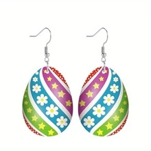 A Pair Of Colorful Striped Star Easter Egg Acrylic Earrings, Unique Earrings, Creative And Fashionable Earrings, Easter Earrings, Holiday Gifts, 2D Flat Earrings