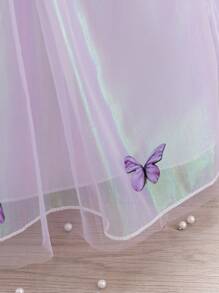 H HIBOBI Girl's Short Sleeve Bowknot Gradient Sequin Mesh Birthday Party Dress - Purple - View 6