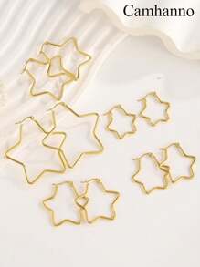 5 Pairs Minimalist Stainless Steel Pentagon Star Hoop Earrings, Suitable For Men And Women - Gold - View 3