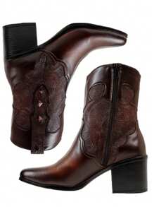 Botines Vaqueros de Tacón con Grabado Artesanal, caña media con tacon de 6 cm. Cómodos y prácticos. - Camel - Ver 6
