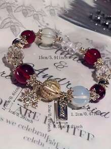 1pc Strawberry Crystal Glass Bracelet, Pendant Charm Bracelet, Gift For Girlfriend Or Best Friend - Red - View 6