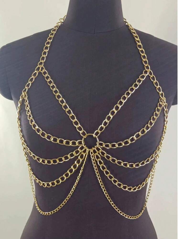 1pc Sexy Backless Halter Neck Metal Ring Chain Linked Crop Top Vest Bikini Body Chain - Jacket - View 1