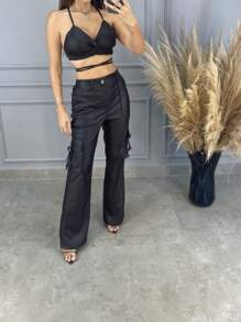 Cargo Pants And Leather Top Set (0038) - 黑色 - 查看 2