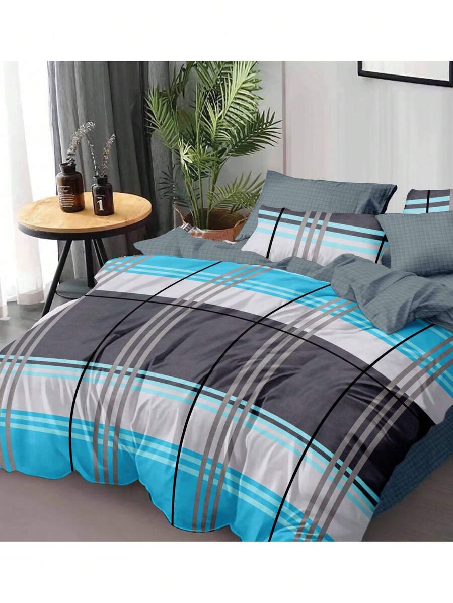 Juego de ropa de cama a cuadros azul y gris, para primavera y otoño - Conjunto de tres piezas de cuadros azul grisáceo (180 x 200 cm) - Ver 1