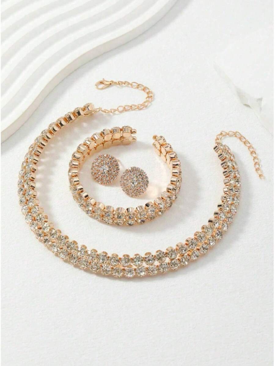 1 Set Luxury Crystal Necklace, Earrings, Bracelet Jewelry Set, Elegant Bridal Party Accessories - Gold - View 1