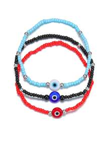 3 pièces Style resort de plage bohème Perles de riz noires uniformes de taille moyenne avec yeux en verre Bracelet de cheville élastique pour femmes