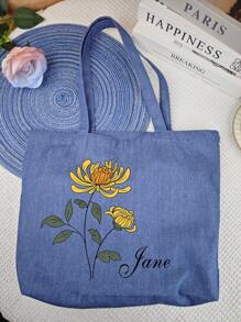 1pc Customized Birthday Flower Text Personalized Canvas Tote Bag, Denim Bag, Large Capacity Shoulder Bag, Casual Canvas Bag For Women, Suitable For Commuting, Shopping, Travel, Dating, Back To School, Gift For Friends, Teachers' Day, Birthday, Anniversary