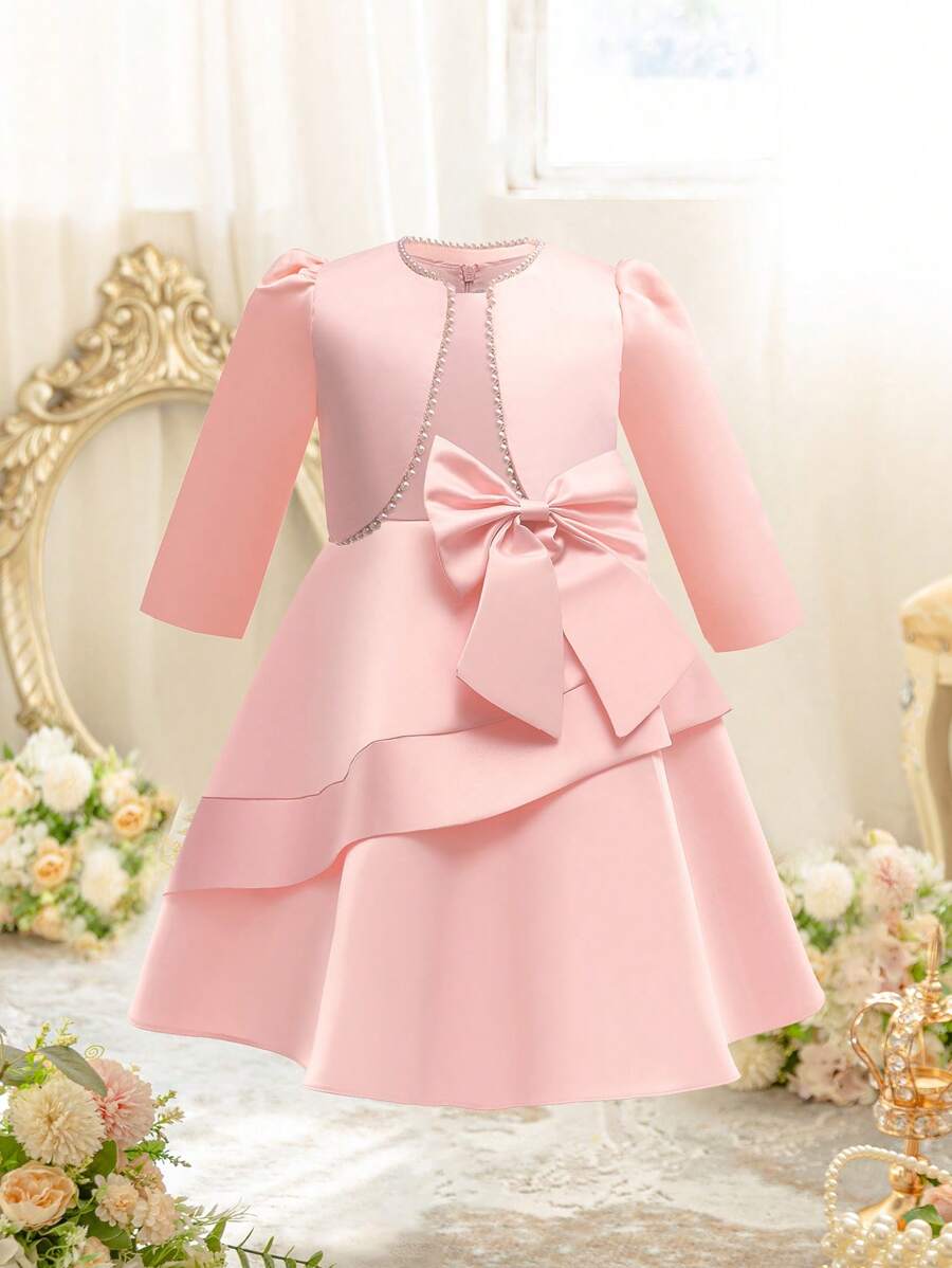 EHOMKIDS 2 peças/Conjunto Vestido de Cetim para Meninas e Jaqueta Longa com Decoração de Pérolas, Terno de Vestido Formal - Rosa chiclete - Visão 1