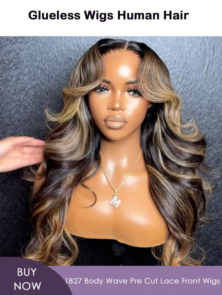 Glueless 5x5 Body Wave Lace Front Wigs Human Hair #1B/27 Highlight Ombre Lace Front Wig Human Hair Blended Hair 12A Pre Cut Lace Wigs Human Hair 13x4 Lace Front Wig Pre Plucked Colored Wigs Human Hair (360 Balayage Wig) 220% Density - Highlight Balayage 1B27 - 查看 1