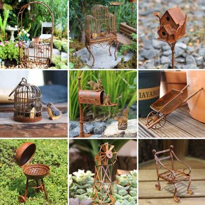 乡村复古微型仙女花园配件金属铁生锈鸟舍鸟笼喂食器浴室园艺工具椅子长凳秋千滑梯邮箱鸟笼手推车栅栏凉亭拱门风车烧烤架灯喷壶镐自行车
