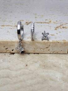 三件套耳环，精致小巧，多孔设计，可爱立方氧化锆花朵造型，14K金材质，轻盈低敏，适合耳骨穿孔，女士饰品 - 銀色 - 查看 4