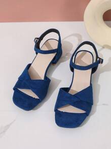 女式方头粗跟系带高跟凉鞋，时尚户外简约百搭中跟粗跟鞋 - 藍色 - 查看 6