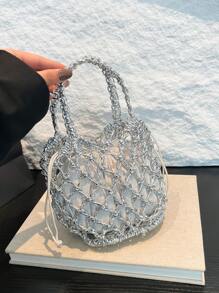 1 件时尚金色和银色镂空编织手提包，新设计手提单肩包，适合海滩度假的多功能手提包 - 銀色 - 查看 6